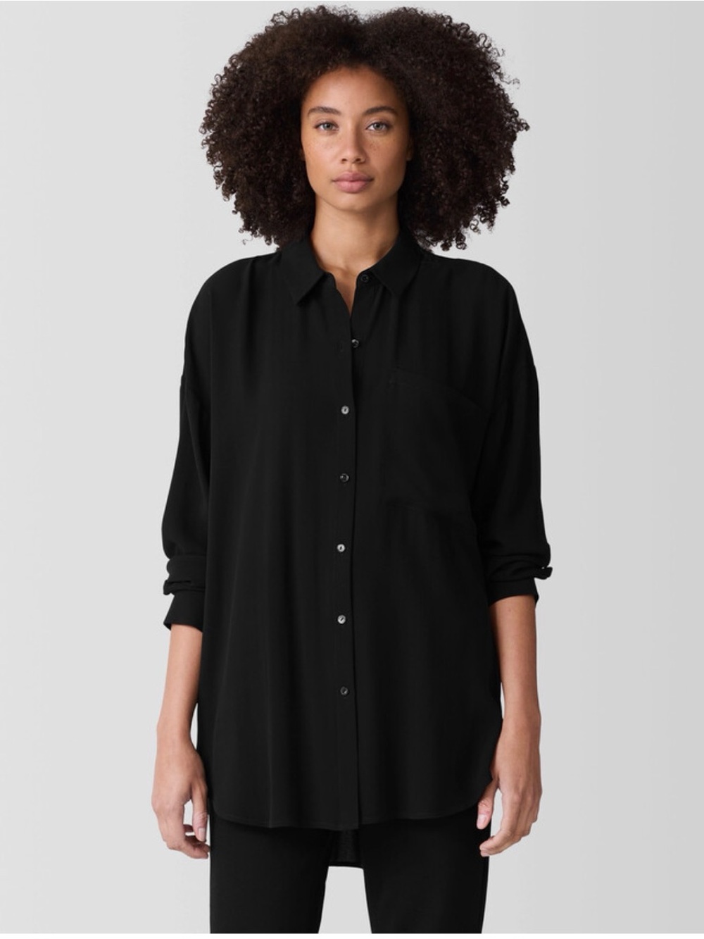 Silk Georgette Crepe Classic Collar Long Shirt black